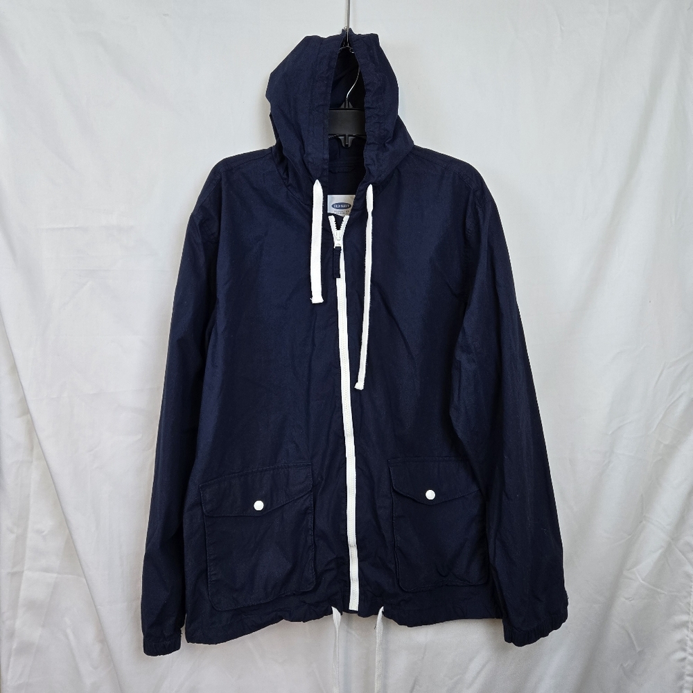 Old Navy Men's Outdoor Navy White Lightweight Full Zip Cotton‎ Hooded Jacket XXL
